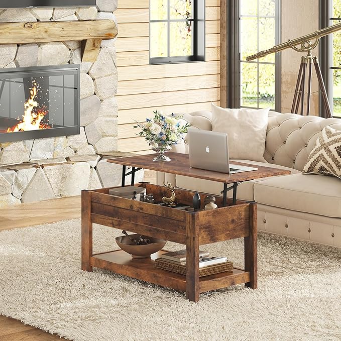 WLIVE Coffee Table, 39" Lift Top Coffee Table with Hidden Compartment and Storage Shelf for Living Room, Rustic Brown