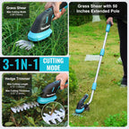 DURATECH Cordless Hedge Trimmer, 3.6V 3-in-1 Handheld Electric Grass Trimmer & Hedge Shears with 50" Wheeled Extension Pole, USB Type-C Cable and Built-in Li-ion Battery, for Garden, Yard and Lawn