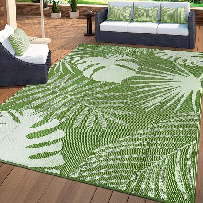 Waterproof Outdoor Rug 8x10 ft, Reversible Plastic Straw Mat with Leaf Pattern, Large Floor Mat for Patio, Camping, Picnic, Backyard RV, Deck, Light Green