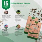 Organo Republic 15 Edible Flower Seeds Variety Pack- Indoor/Outdoor. 4800+ Non-GMO Heirloom Flower: Borage, Bishop's Flower, Chicory, Chives, Hyssop, Echinacea, Lavender Seeds & More