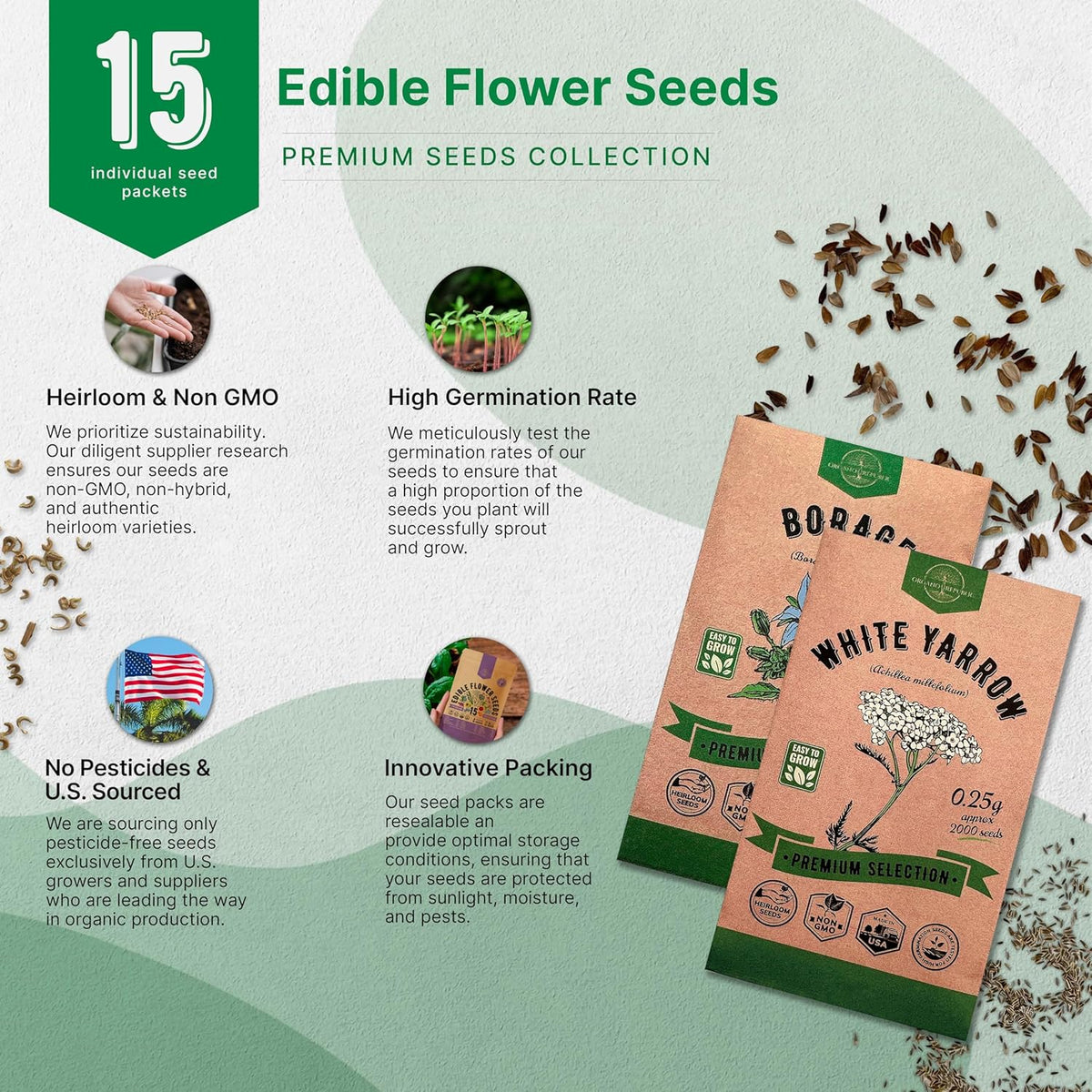 Organo Republic 15 Edible Flower Seeds Variety Pack- Indoor/Outdoor. 4800+ Non-GMO Heirloom Flower: Borage, Bishop's Flower, Chicory, Chives, Hyssop, Echinacea, Lavender Seeds & More