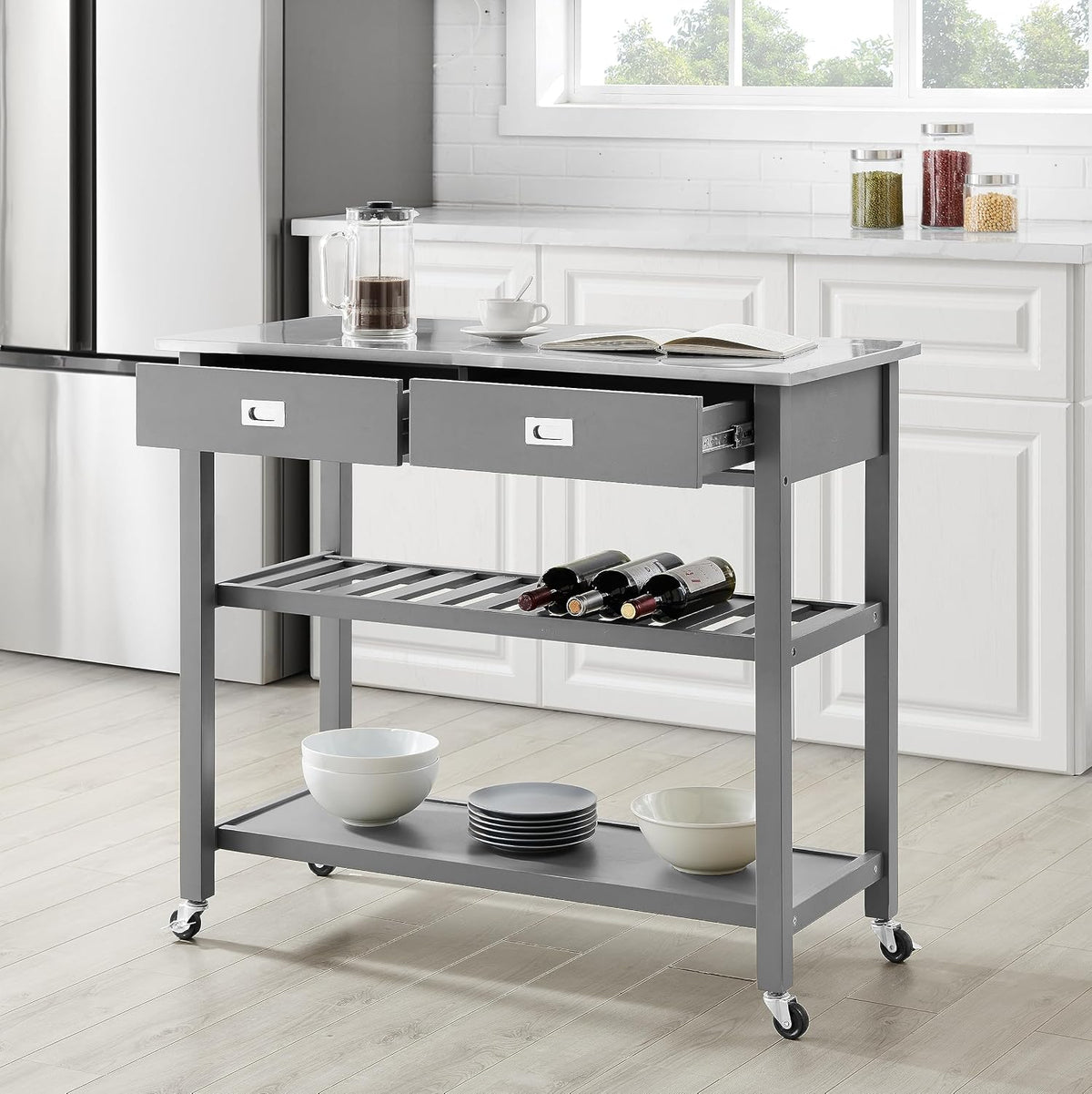 Crosley Furniture Chloe Rolling Kitchen Island | Storage Cart, Microwave Stand, Wine Rack, Gray
