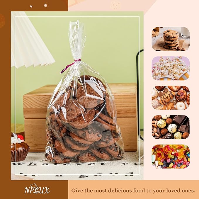 NPLUX 100 Pack Cellophane Bags Small Plastic Cookie Bag Clear Treat Bags with Twist Ties for Small Gift Party Favors, Bakery, Candy, Popcorn (6×10In)