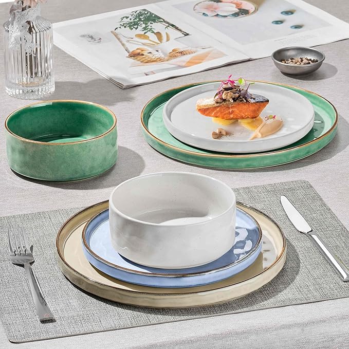 Herogo 12 Pieces Dishware Sets for 4, Stoneware Dinnerware Dish Set, Dinning Plates and Bowls for Home Kitchen, Dishwasher & Microwave Safe, Multicolor