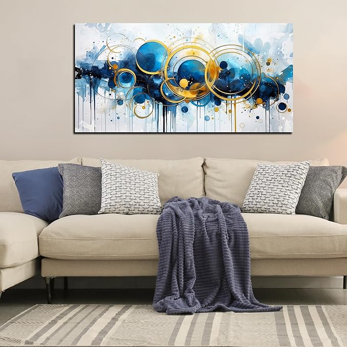 JKWALL77 Big Wall Paintings for Living Room - Blue Abstract Canvas Wall Art - Modern Wall Decor Ready to Hang Size 29" x 59"