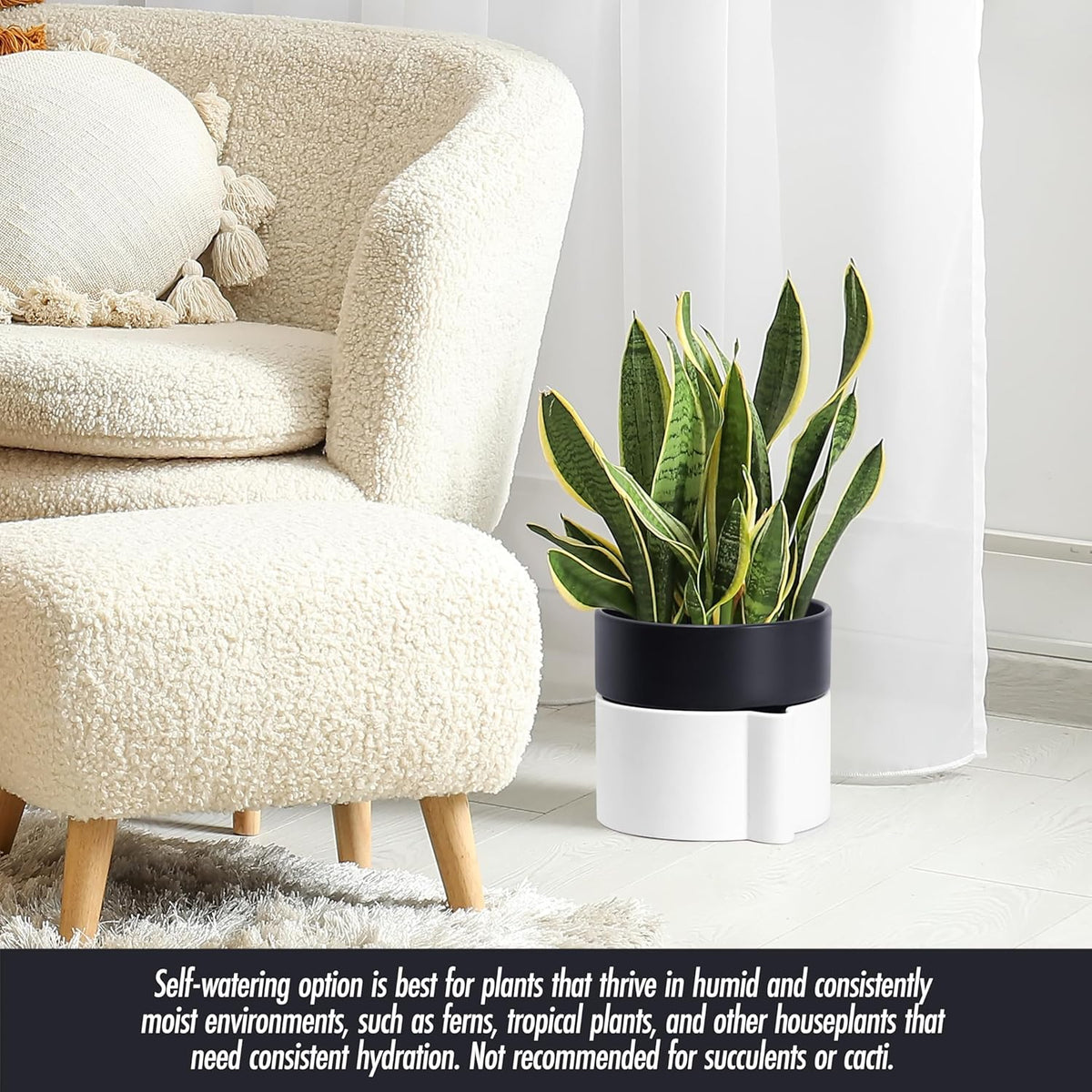 8 Inch Self-Watering Planter Pot with Terracotta Insert, Deep Water Reservoir, and Ceramic-Alike BPA-Free Plastic Planter Pot for Plant, Modern Planter for Houseplants, White/Black, 53-B-T-4