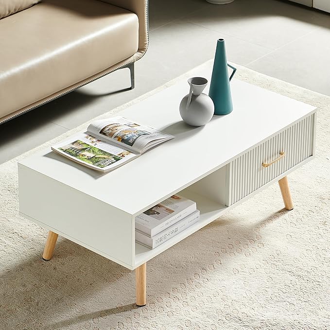Mid Century Wooden Coffee Table with Stripe Drawer，Modern 41" Large Center Table with Storage，Rectangular White Coffee Tables for Living Room, 2-Tier Cocktail Table, Solid Wood Legs