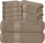 Avalon Towels Luxury 8 Piece Towels Set, 2 Bath Towels, 2 Hand Towels and 4 Washcloths, 600 GSM 100% Ring Spun Cotton Highly Absorbent Bathroom Towel Set, Ideal for Hotel, Spa and Gym (Beige)
