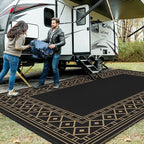 GENIMO Outdoor Rug Waterproof 10'x14' for Patio, Foldable Reversible Plastic Straw Carpet for Travel Trailers, Outside Area Mat for Rv, Deck, Picnic, Porch, Camper, Balcony, Beach, Black & Brown