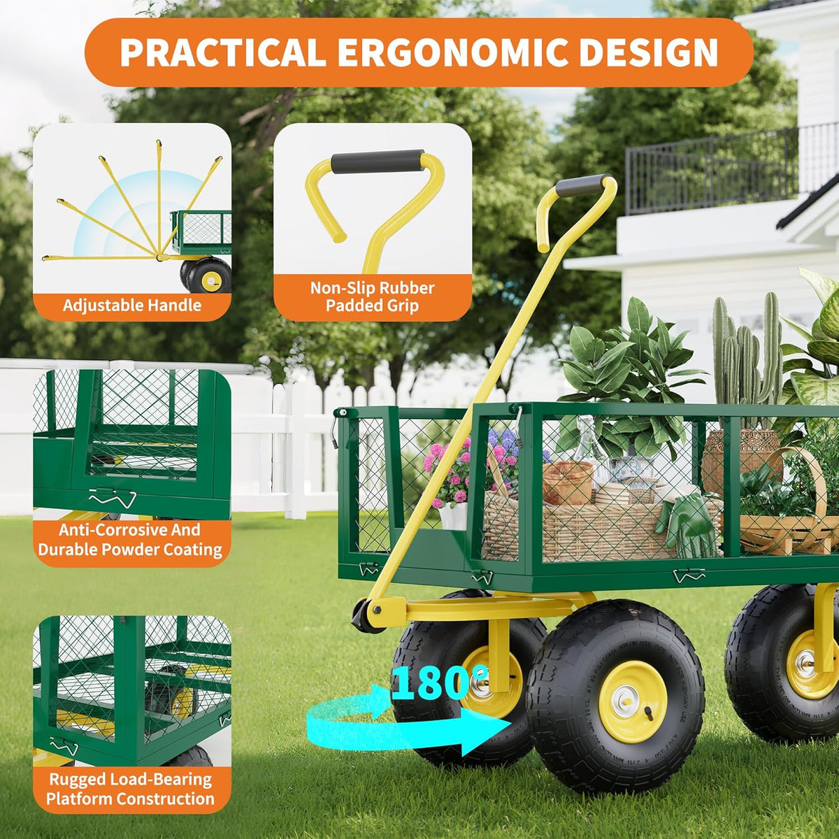 Metal Wagon - 900lbs Garden Cart with 10" Multi-Terrain Tires, 4 Removable Mesh Sides & 180° Swivel Handle, Yard Wagon Cart for Lawn, Yard, Patio Gardening