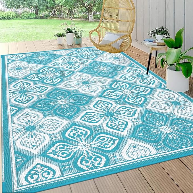 Pauwer Waterproof Outdoor Rug 6x9, Reversible Plastic Straw Patio Camping Rug, Indoor Outdoor RV Mat Carpet for Deck, Camper, Porch, Balcony, Backyard, Picnic, Clover Teal