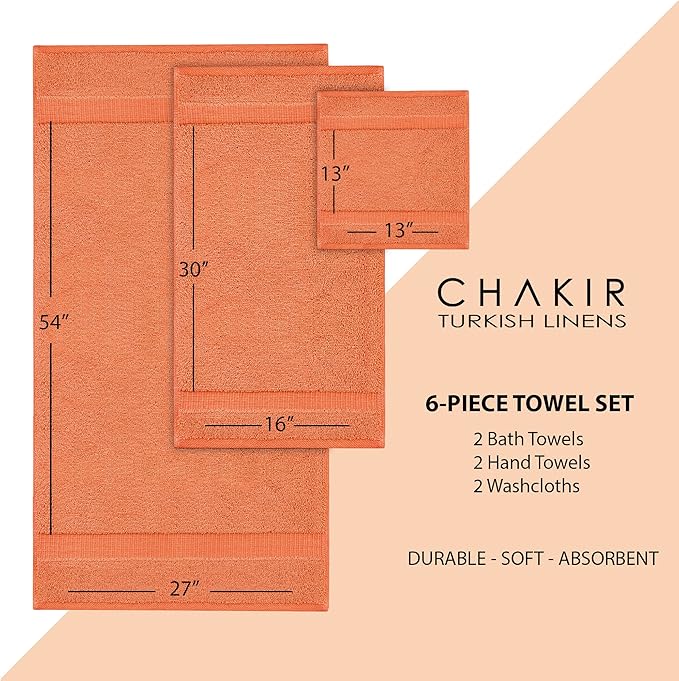 Chakir Turkish Linens Luxury Spa and Hotel Quality Premium Turkish Cotton 6-Piece Towel Set (2 x Bath Towels, 2 x Hand Towels, 2 x Washcloths)