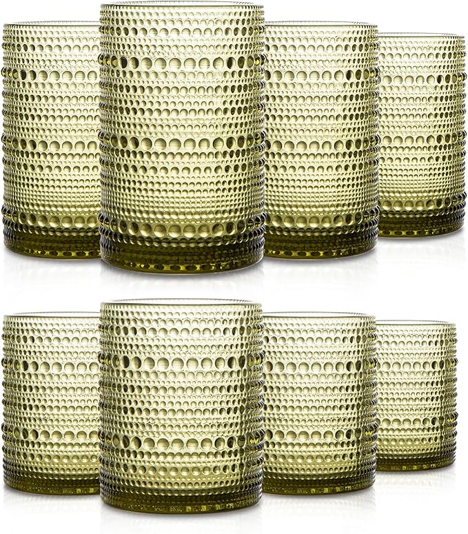 Set of 8 Hobnail Drinking Glasses Vintage Green Glassware - 4 Highball Glasses 14 oz, 4 Rocks Glass Cup 11 oz, Embossed Old Fashioned Glassware for Water, Wine, Beer, Juice, Mixed Drinkware