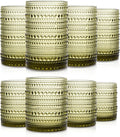 Set of 8 Hobnail Drinking Glasses Vintage Green Glassware - 4 Highball Glasses 14 oz, 4 Rocks Glass Cup 11 oz, Embossed Old Fashioned Glassware for Water, Wine, Beer, Juice, Mixed Drinkware
