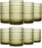 Set of 8 Hobnail Drinking Glasses Vintage Green Glassware - 4 Highball Glasses 14 oz, 4 Rocks Glass Cup 11 oz, Embossed Old Fashioned Glassware for Water, Wine, Beer, Juice, Mixed Drinkware