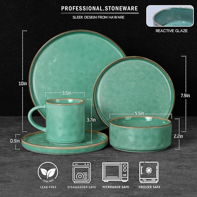 HaWare Dinnerware Sets, 16-Piece Stoneware Plates and Bowls Set, Elegant Ceramic Dish Set for 4, Chip and Scratch Resistant, Microwave and Dishwasher Safe, Reactive Green