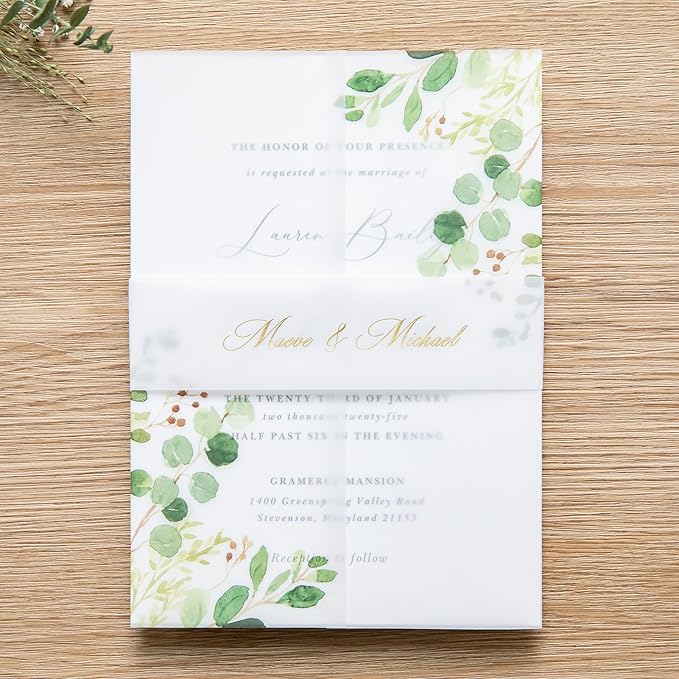 PONATIA 50 PCS Vellum Jackets for 5x7 Invitation Cards- 135GSM Green Eucalyptus Vellum Sleeves, Wedding Invitations Wraps Transparent Christmas Gift Cards Jackets