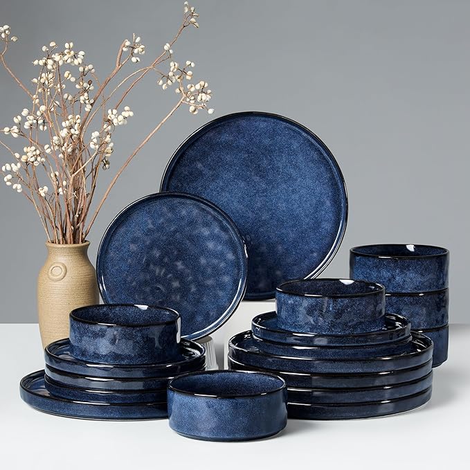 HaWare Dinnerware Sets, 18-Piece Plates and Bowls Set, Stoneware Dish Set for 6, Ceramic Dinnerware for Home Restaurant, Chip and Scratch Resistant, Microwave and Dishwasher Safe, Reactive Starry Blue