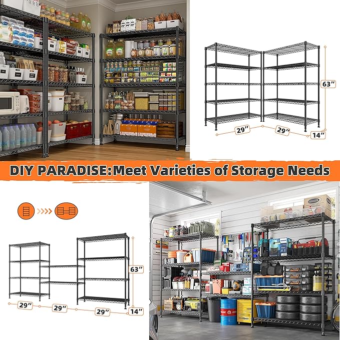 REIBII 5-Tier Wire Shelving Rack Storage Shelves Metal Shelves,1020 LBS Adjustable Heavy Duty Metal Shelving Units and Storage for Garage Pantry Bathroom 29" W X 14" D X 63" H