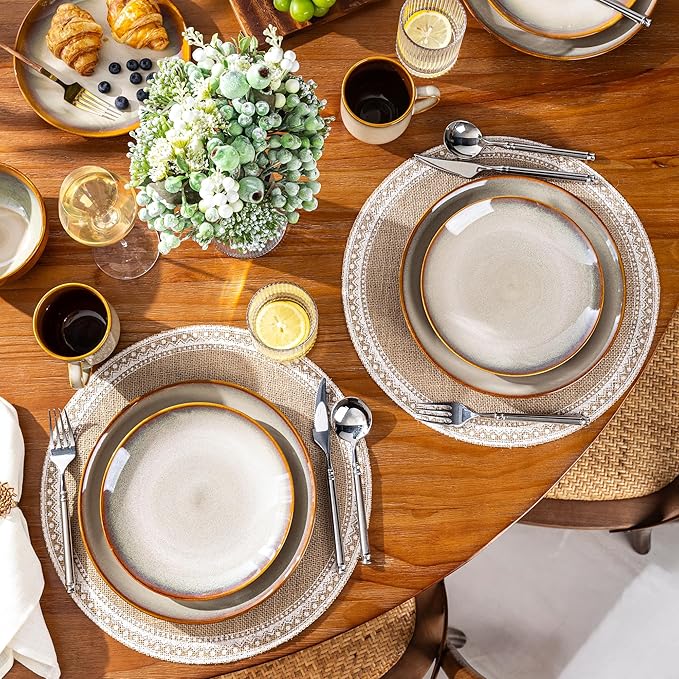 LERATIO Ceramic Dinnerware Sets for 4,16-Piece Reactive Glaze Plates and Bowls Set with Mugs,Highly Chip and Crack Resistant | Dishwasher,Microwave & Oven Safe Dishes set-Kahki
