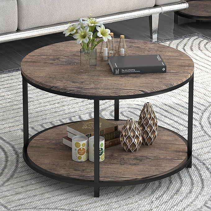 Round Coffee Table, Rustic Wooden Surface Top & Sturdy Metal Legs Industrial Sofa Table for Living Room Modern Design Home Furniture with Storage Open Shelf (Walnut, 25.6 in)