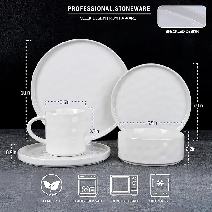 HaWare Dinnerware Sets, 16-Piece Stoneware Plates and Bowls Set, Elegant Ceramic Dish Set for 4, Chip and Scratch Resistant, Microwave and Dishwasher Safe, Speckled White