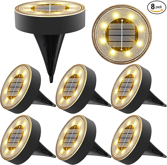 Joomer Solar Ground Lights, 8 Pack 8 LED Solar Lights Outdoor IP68 Waterproof Solar Disc Lights In-Ground Landscape Lighting Outdoor Lights for Patio Pathway Lawn Yard Driveway Walkway (Warm White)