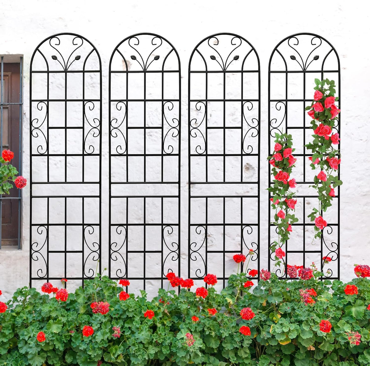 4 Pack Metal Garden Trellis 86.7" Tall Outdoor Climbing Plant Support for Roses, Flowers, Rustproof Durable Black Galvanized Tube, Lawn Garden Fence Decor Screen (4, Black curves-86.7" H)