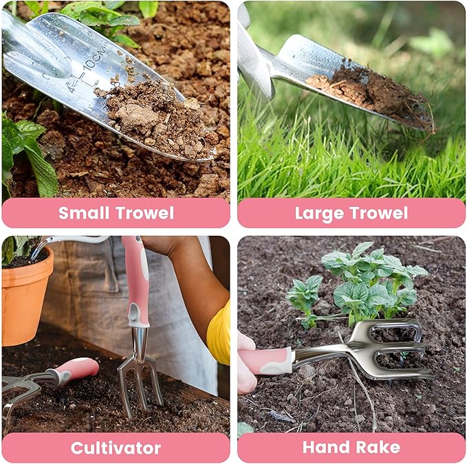 Garden Tools, 8 Piece Gardening Tools with Bag, Heavy Duty Stainless Steel Garden Tools Set, Outdoor Hand Tools, Ideal Garden Tool Kit Gifts for Women Pink.