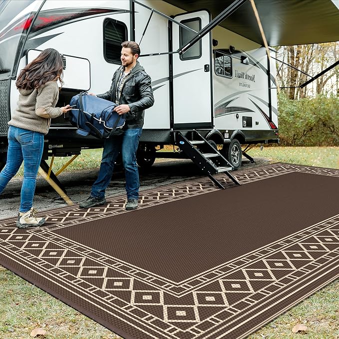 GENIMO Outdoor Rug Waterproof for Patio Decor, 10'x20' Foldable Reversible Plastic Straw Carpet, Outside Area Mat for Rv, Deck, Picnic, Porch, Camper, Balcony, Beach, Coffee & Brown