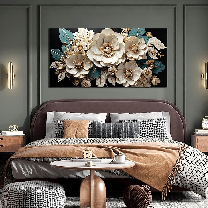 Flower Canvas Wall Art for Living Room Bedroom Home Office White Flower Picture Artwork Large Framed Wall Art Modern Canvas Prints Size 24x48
