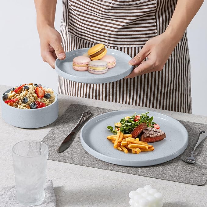 E-far Dinnerware Sets for 8, 24-Piece Stoneware Plates and Bowls Dish Set, Modern Kitchen Dinning Dishware, Chip and Scratch Resistant, Microwave & Dishwasher Safe, Speckled Gray