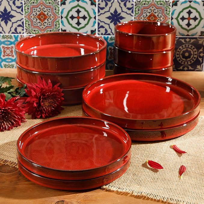 Bloomhouse Santorini Mist Double Bowl Terracotta Reactive Glaze Plates and Bowls Dinnerware Set - Garnet Red, Service for Four (16pcs)