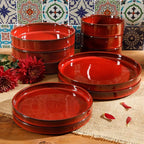 Bloomhouse Santorini Mist Double Bowl Terracotta Reactive Glaze Plates and Bowls Dinnerware Set - Garnet Red, Service for Four (16pcs)