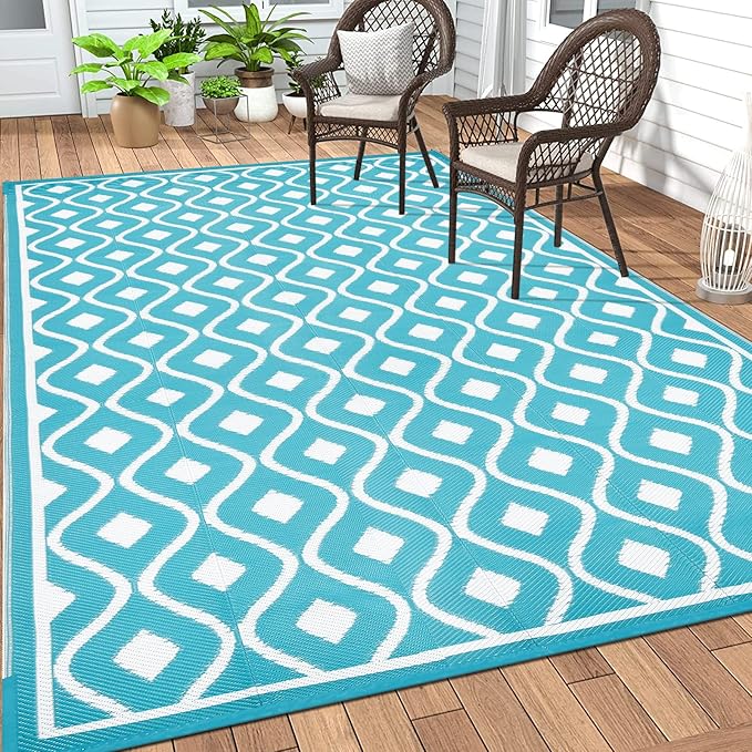 Pauwer Waterproof Outdoor Rug 9x12, Reversible Plastic Straw Patio Camping Rug, Indoor Outdoor RV Mat Carpet for Deck, Camper, Porch, Balcony, Backyard, Picnic, Geometric Teal