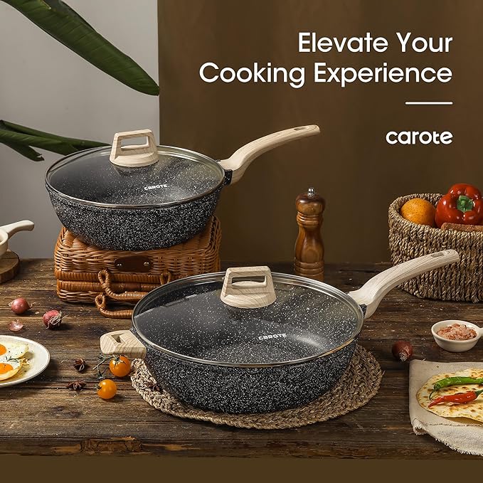 CAROTE 12.5 Inch Nonstick Deep Frying Pan with Lid, 6.5 Qt Jumbo Cooker Saute Pan with Pour Spout, Skillet Induction Cookware, Non Stick Cooking Pan PFOA Free, Classic Granite