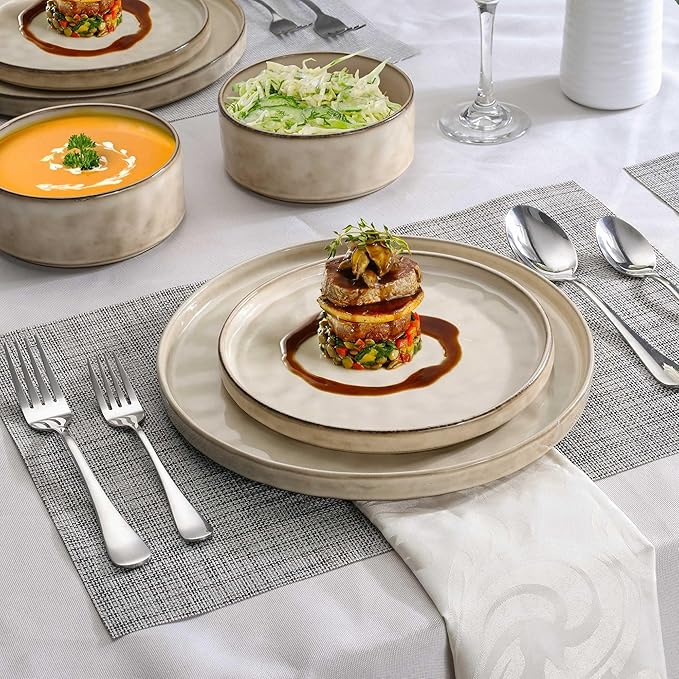 LIANYU Plates and Bowls Dinnerware Sets, 12 Piece Stoneware Dishware Set for 4, Dish Tableware Sets Includes Dinner Salad Plates Cereal Bowls, Chip & Scratch Resistant, Polar White & Sandy Beige