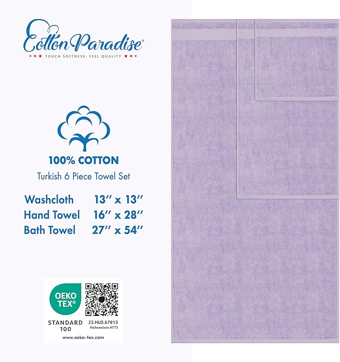 Cotton Paradise 6 Piece Towel Set, 100% Cotton Soft Absorbent Turkish Towels for Bathroom, 2 Bath Towels 2 Hand Towels 2 Washcloths, Lilac Towel Set