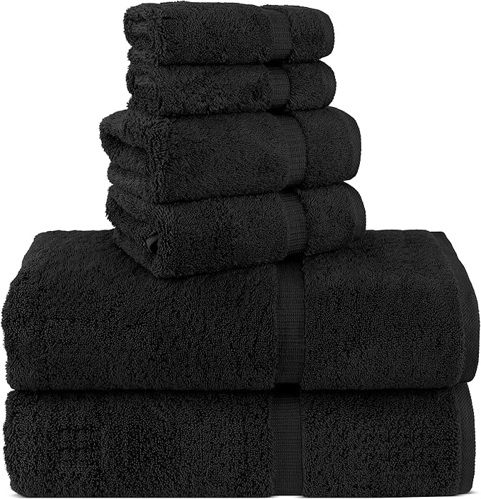 Chakir Turkish Linens 100% Cotton Premium Turkish Towels for Bathroom | 2 Bath Towels - 2 Hand Towels, 2 Washcloths (6-Piece Towel Set, Black)