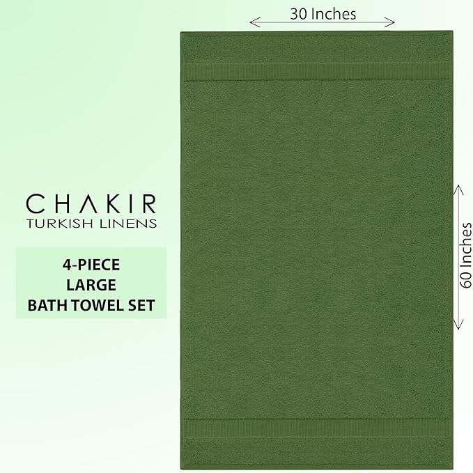 Chakir Turkish Linens 100% Cotton Premium Turkish Towels for Bathroom | 30'' x 60'' Large Bath Towels (4 Piece, Moss)