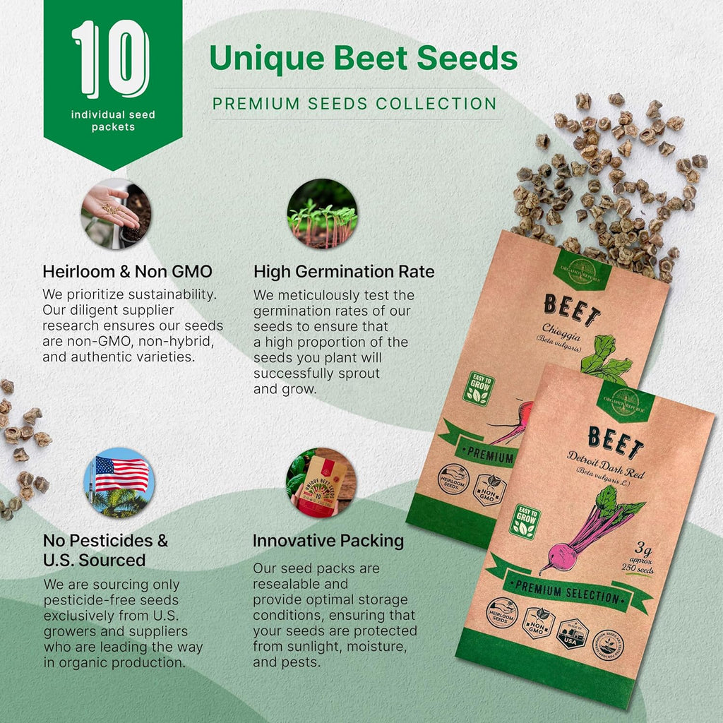 Organo Republic 10 Rare Beet Seeds Variety Pack for Planting Indoor & Outdoors 1625+ Heirloom Non-GMO Bulk Beets Gardening Seeds: Chioggia, Detroit Dark Red, Sugar, Cylindra, Bulls Blood, White Albino