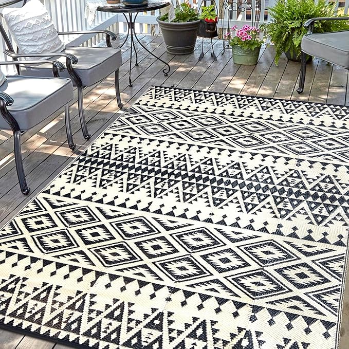 Waterproof Outdoor Rug 6x9ft, Bohemia Reversible Plastic Straw Mat for Patio RV Deck Porch Backyard Balcony Camping Picnic Beach Indoor Outdoor Carpet, Black&Beige