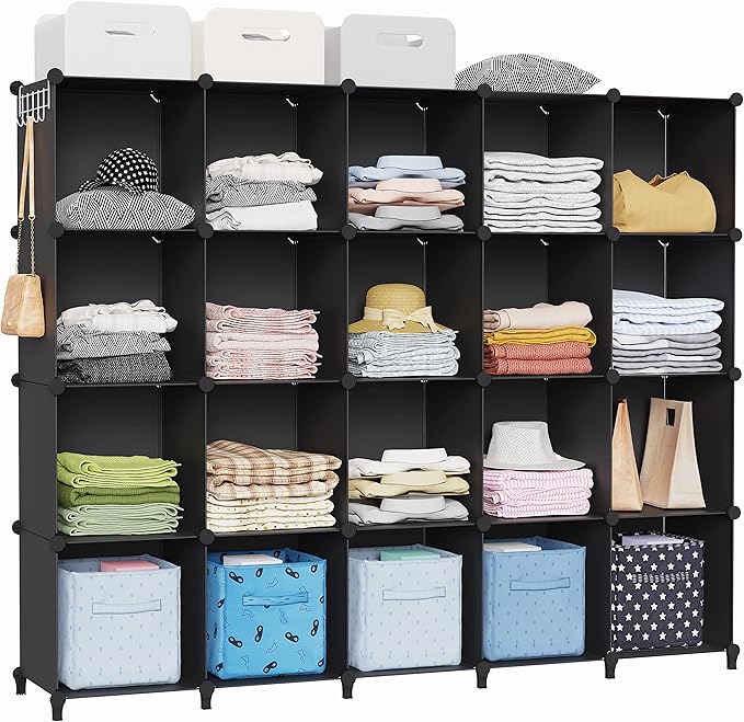 HOMIDEC 20-Cube Black Storage Organizer, Modular Shelf With Hammer, Storage Bin Cabinet Closet Bookshelf for Living Room, Bedroom, Office, Each Cube Size 11.8 x 11.8 Inch