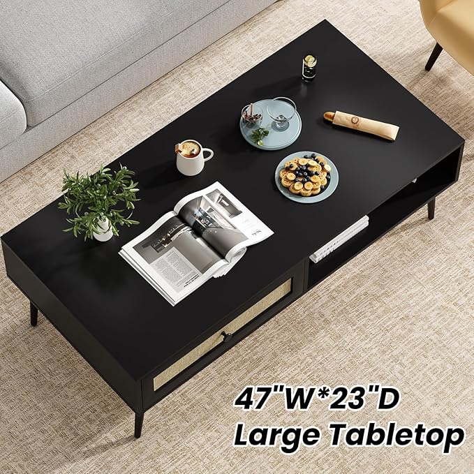 Farini Mid-Century Modern Coffee Table, 47 Inch Rectangle Console Table with Drawer & Shelf, Wooden Coffee Table for Living Room, Office, Black