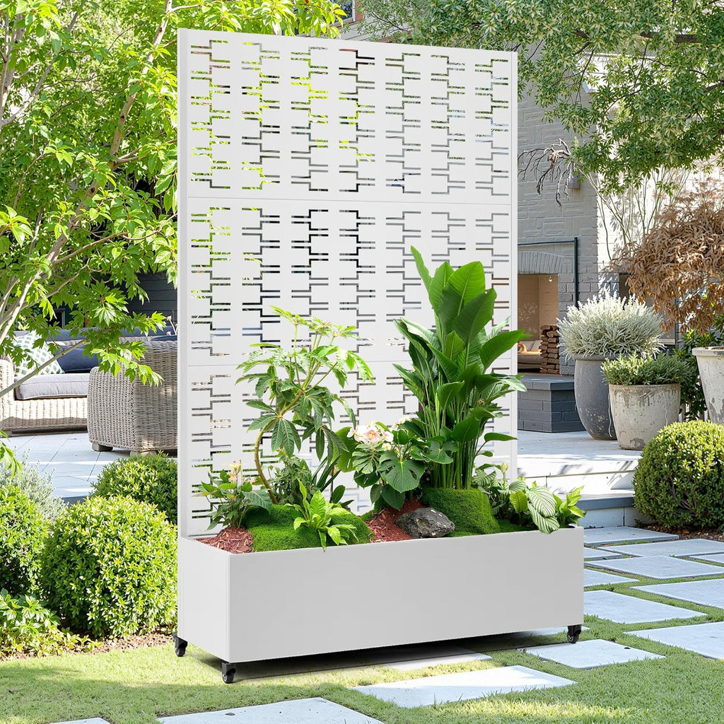 15.7"×70.9"×47.2" Metal Raised Garden Bed with Trellis and Wheels - Tall Trellis Planter Box for Climbing Plants, Vegetables & Vines - Outdoor Privacy Planters for Patio (White-Brick)