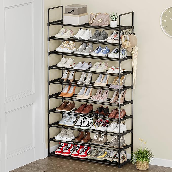 10 Tier Metal Shoe Rack, Tall Shoe Rack for Entryway, Shoe Organizer for Closet, Shoe Storage for Front Door Entrance & Entryway, Large Long Shoe Stand Holder Adjustable Shelf Height