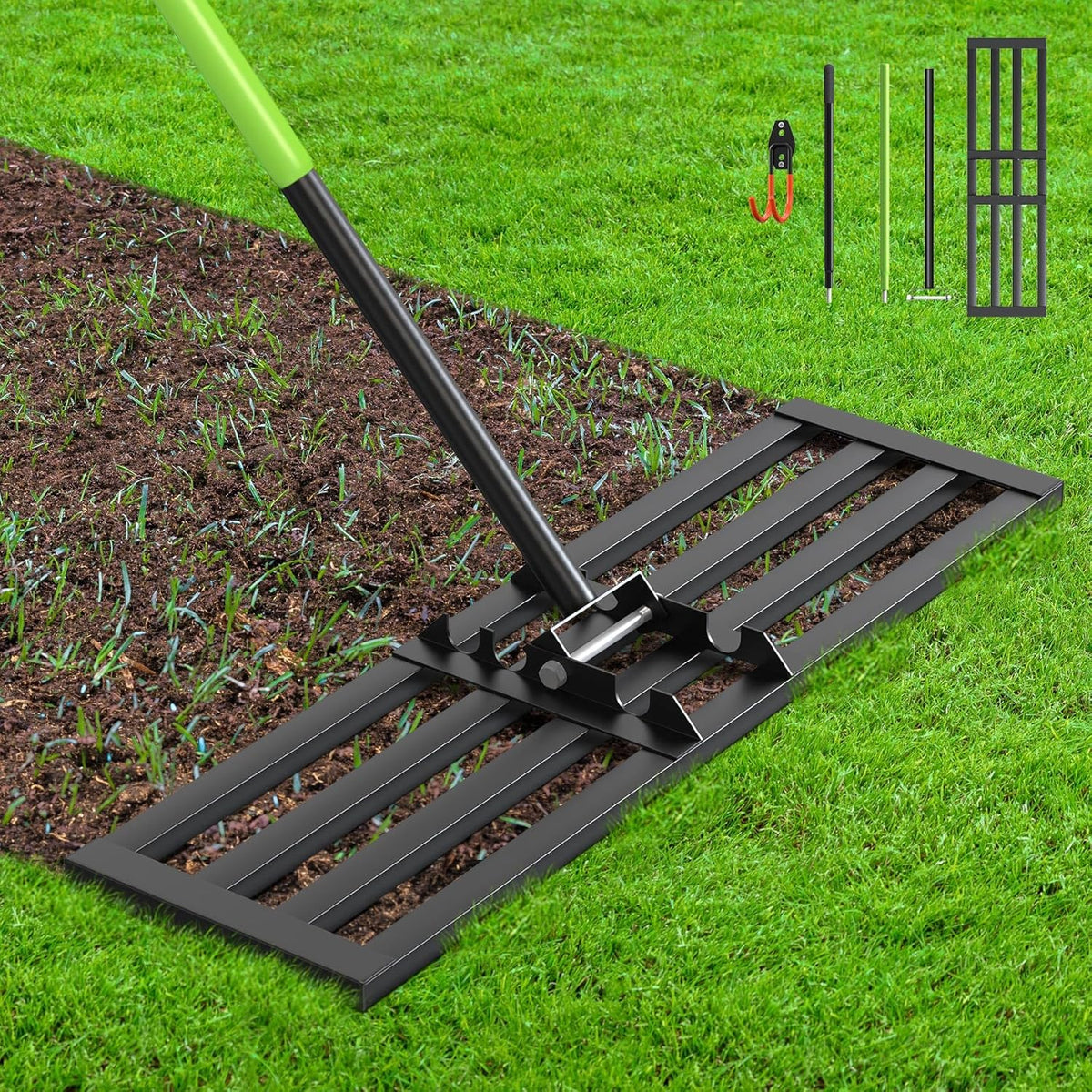 Seeutek Lawn Leveling Rake, 35” x 10” Lawn Leveler with 6.5FT Stainless Steel Handle Rakes for Lawns, 0-180° Adjustable Ground Leveler Tool for Yard, Level Soil Sand Dirt Surfaces