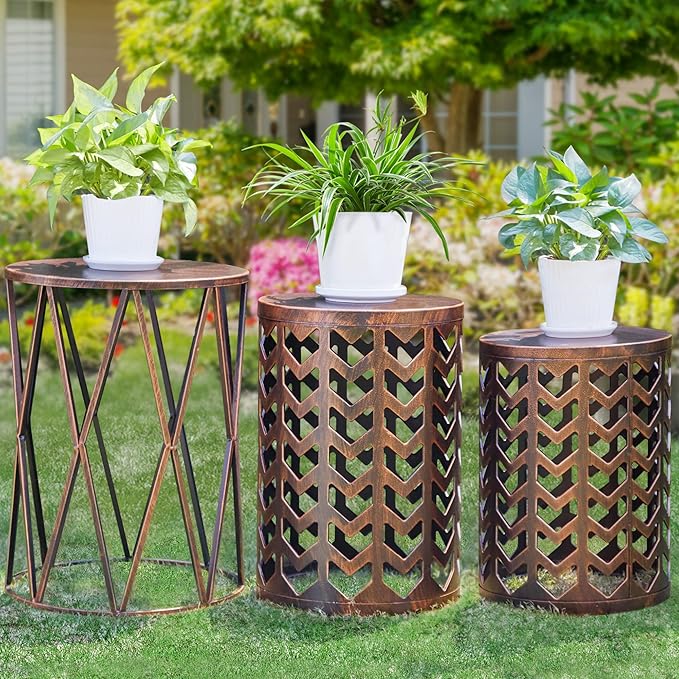 Y&M Nesting Side Table, Set of 3 Stacking Coffee Tables for Living Room End Tables, Outdoor Decorative Garden Stool with Heavy Duty Modern Industrial Decor - Black with Bronze (Ship from US)