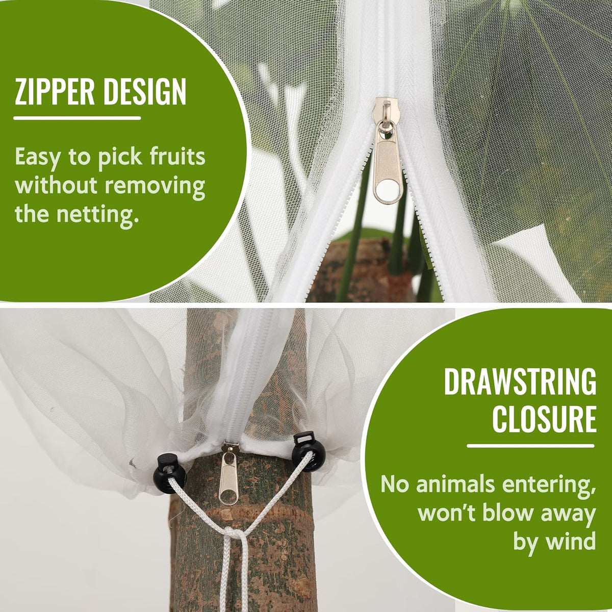 2 Pack Fruit Tree Netting Bags with Zipper and Drawstring, 6 x 6ft Ultra Fine Mesh Garden Netting Plant Cover, Bird Netting for Blueberry Bushes, Fruit Trees, Flowers (White, 6 x 6 ft)