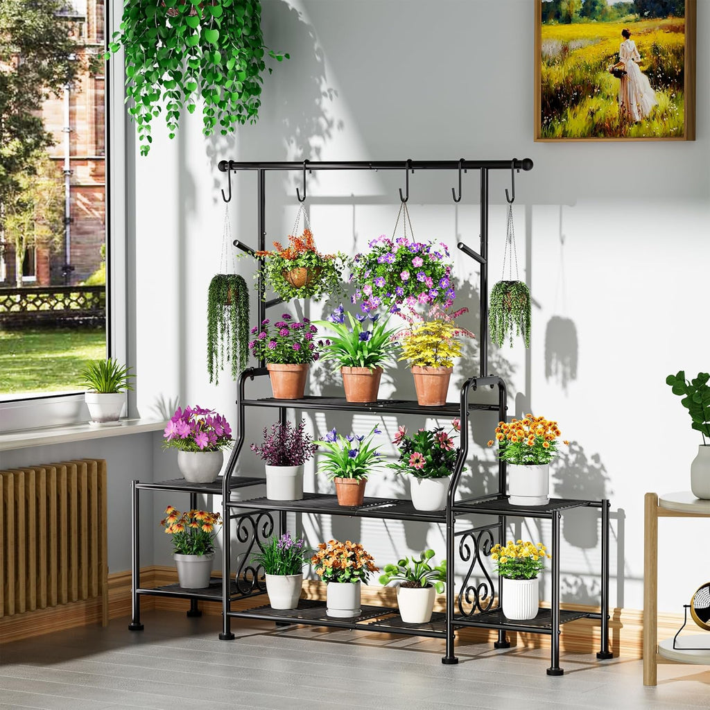 GIOTORENT 3-Tier Tall Metal Plant Stand Indoor Outdoor - Heavy Duty Plant Shelf for Garden, Patio, Balcony with 5 Hanging Hooks, Holds 16-25 Plants, Black